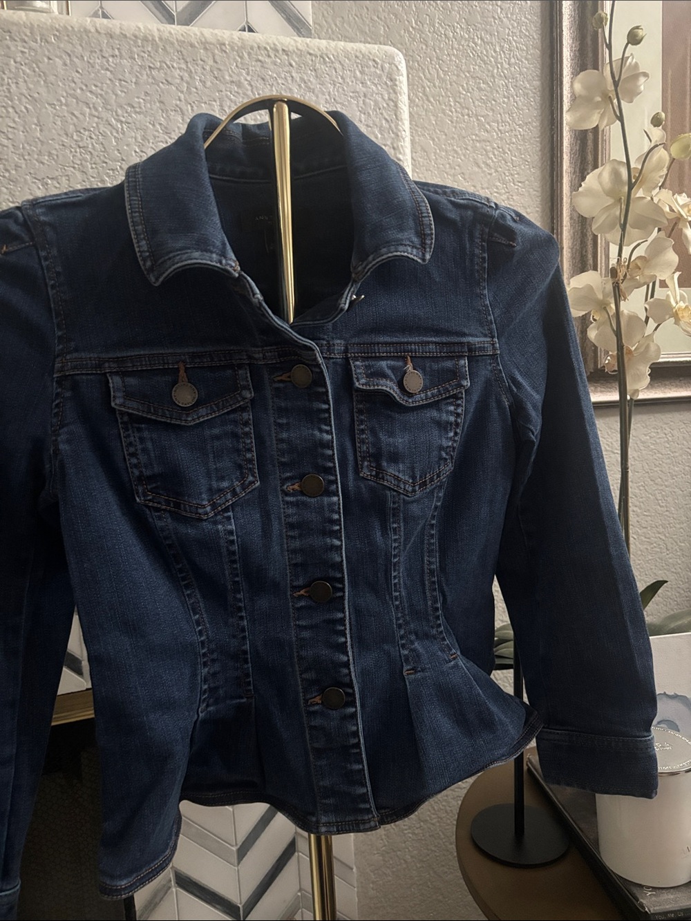 Ann Taylor Dark Blue Denim Peplum Jacket with Button Front | Size XSP